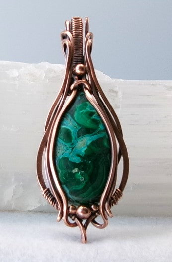 Chrysocolla-Malachite gemstone copper wire wrapped crystal pendant with copper accent beads