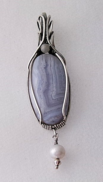 Blue lace agate gemstone sterling silver wire wrapped crystal pendant with snow quartz accent bead and freshwater pearl dangle