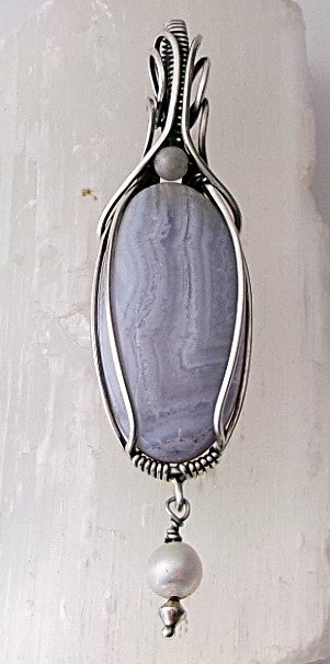 Blue lace agate gemstone sterling silver wire wrapped crystal pendant with snow quartz accent bead and freshwater pearl dangle