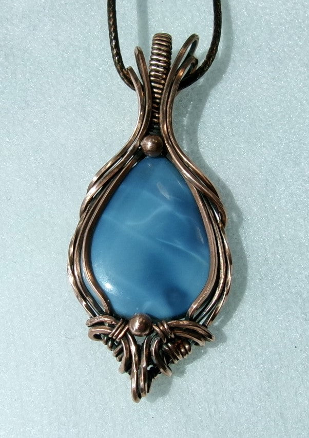 Owyhee Blue Opal gemstone copper wire wrapped crystal pendant with copper accent beads