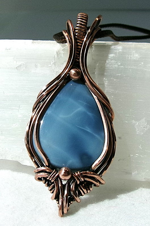 Owyhee Blue Opal gemstone copper wire wrapped crystal pendant with copper accent beads