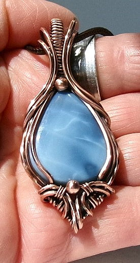 Owyhee Blue Opal gemstone copper wire wrapped crystal pendant with copper accent beads