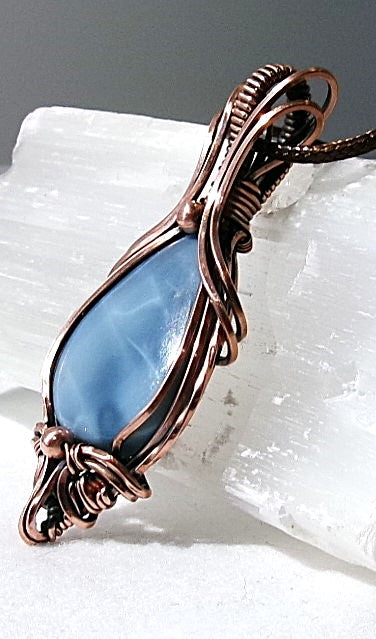 Owyhee Blue Opal gemstone copper wire wrapped crystal pendant with copper accent beads