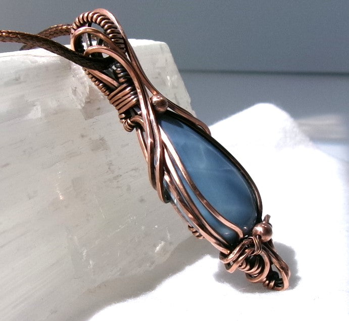 Owyhee Blue Opal gemstone copper wire wrapped crystal pendant with copper accent beads