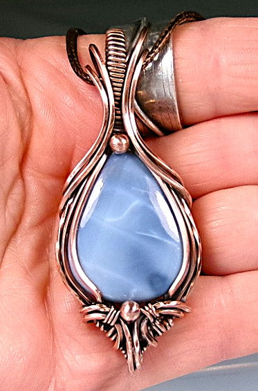 Owyhee Blue Opal gemstone copper wire wrapped crystal pendant with copper accent beads