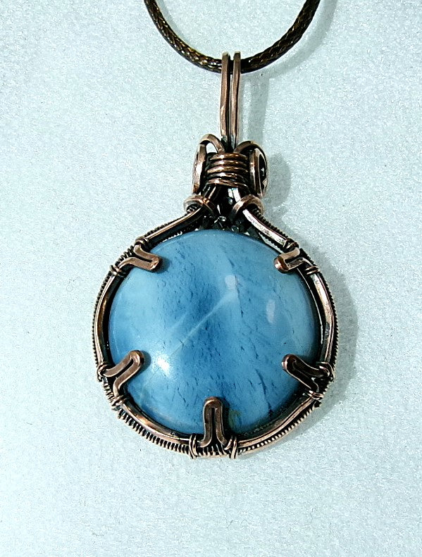 Owyhee Blue Opal gemstone copper wire wrapped crystal pendant