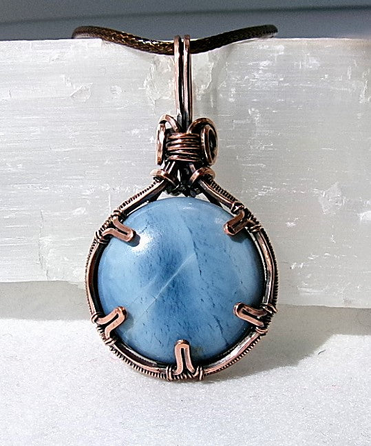 Owyhee Blue Opal gemstone copper wire wrapped crystal pendant