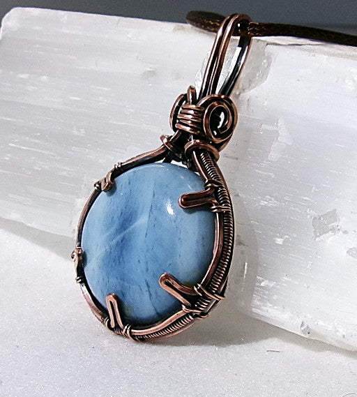 Owyhee Blue Opal gemstone copper wire wrapped crystal pendant