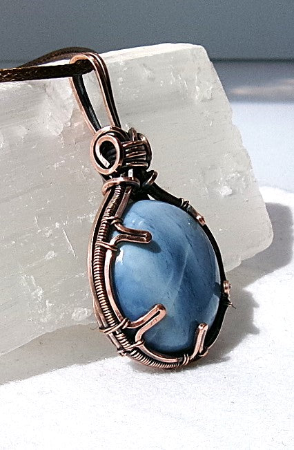 Owyhee Blue Opal gemstone copper wire wrapped crystal pendant