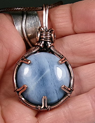 Owyhee Blue Opal gemstone copper wire wrapped crystal pendant