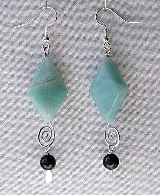 Amazonite diamond shaped silver filled wire earrings with spiral and black freshwater pearl dangle