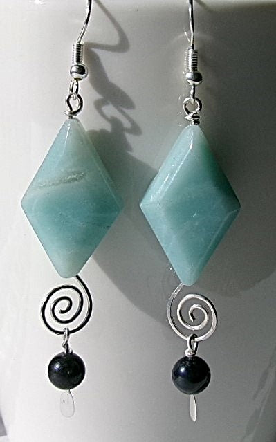 Amazonite diamond shaped silver filled wire earrings with spiral and black freshwater pearl dangle