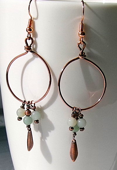 Amazonite copper wire earrings with copper accent beads and copper paddle shaped dangle