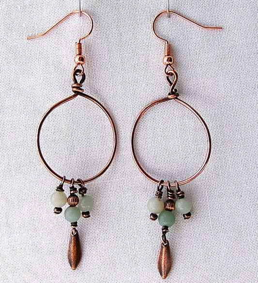 Amazonite copper wire earrings with copper accent beads and copper paddle shaped dangle