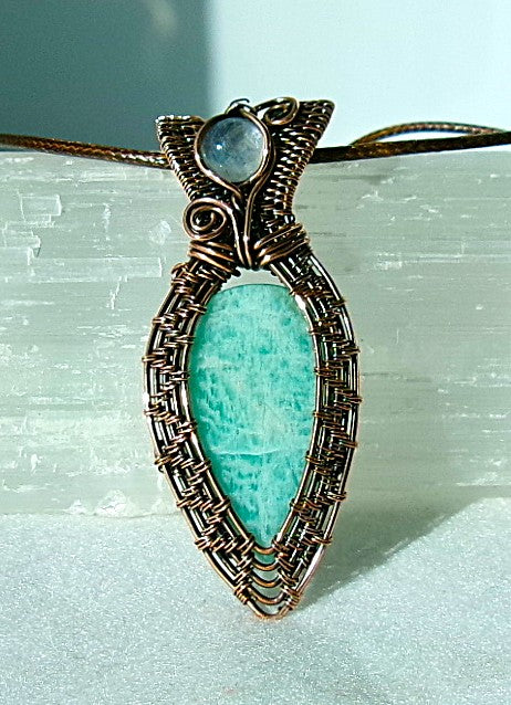 Amazonite gemstone copper wire wrapped crystal pendant with rainbow moonstone bail stone