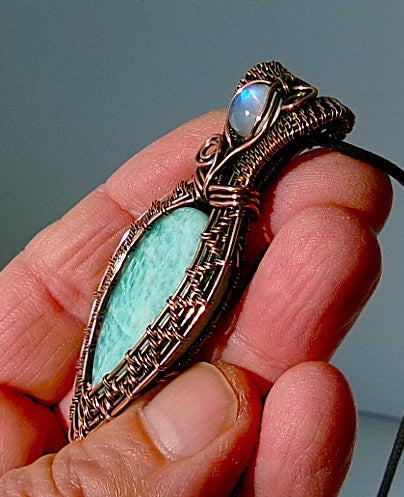 Amazonite gemstone copper wire wrapped crystal pendant with rainbow moonstone bail stone