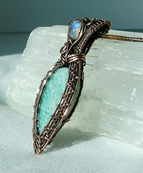 Amazonite gemstone copper wire wrapped crystal pendant with rainbow moonstone bail stone