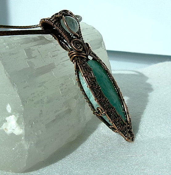 Amazonite gemstone copper wire wrapped crystal pendant with rainbow moonstone bail stone