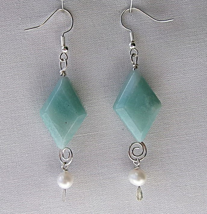 Amazonite diamond shaped silver filled wire earrings with spiral and white freshwater pearl dangle