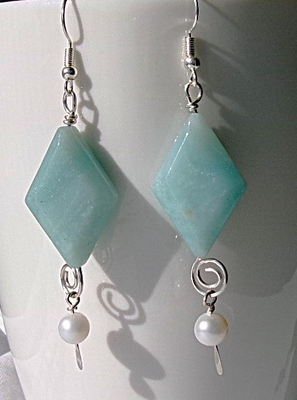 Amazonite diamond shaped silver filled wire earrings with spiral and white freshwater pearl dangle