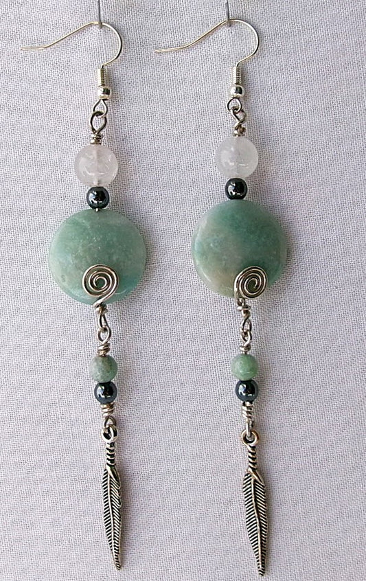 Amazonite silver filled wire earrings with quartz and hematite accent beads and silver feather charm