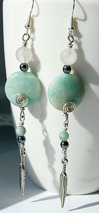 Amazonite silver filled wire earrings with quartz and hematite accent beads and silver feather charm