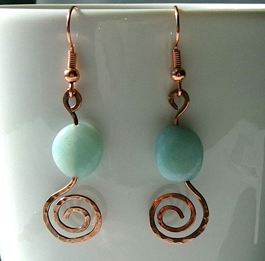 Amazonite coin shaped bead copper wire earrings with hammered spiral