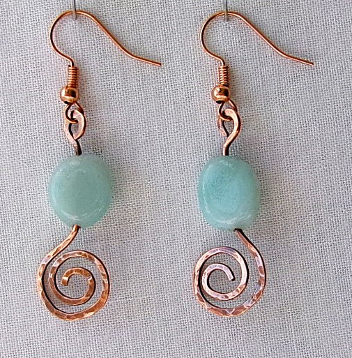 Amazonite coin shaped bead copper wire earrings with hammered spiral