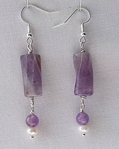 Amethyst triangle twist bead silver filled wire earrings with amethyst and white freshwater pearl dangle