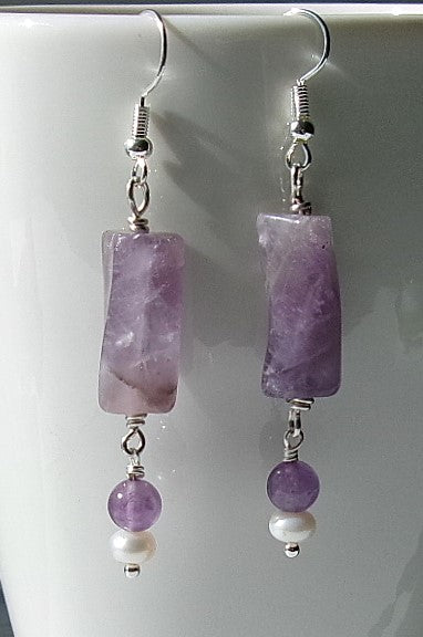 Amethyst triangle twist bead silver filled wire earrings with amethyst and white freshwater pearl dangle