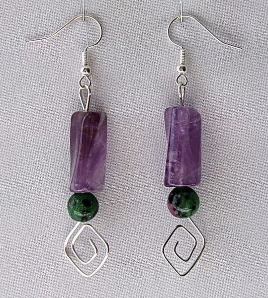 Amethyst triangle twist bead silver filled wire earrings with ruby zoisite bead and a funky square spiral