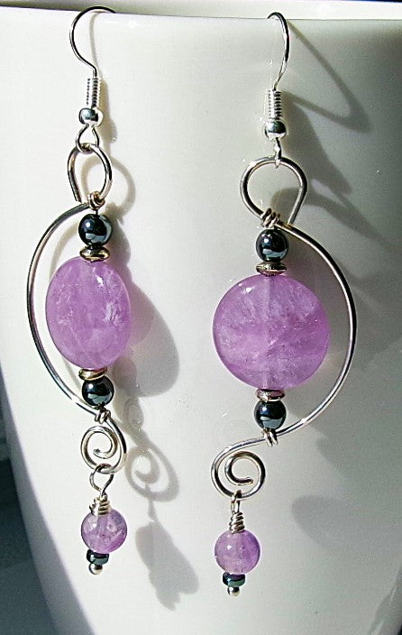 Amethyst silver filled wire earrings with hematite, silver, and amethyst accent beads