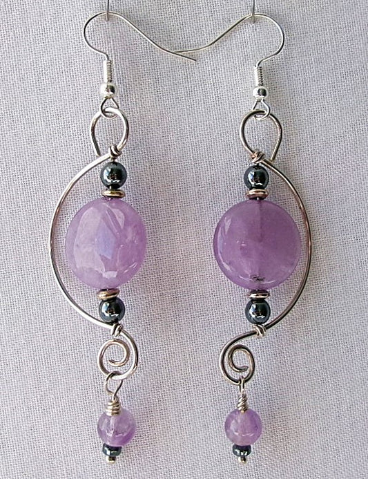 Amethyst silver filled wire earrings with hematite, silver, and amethyst accent beads