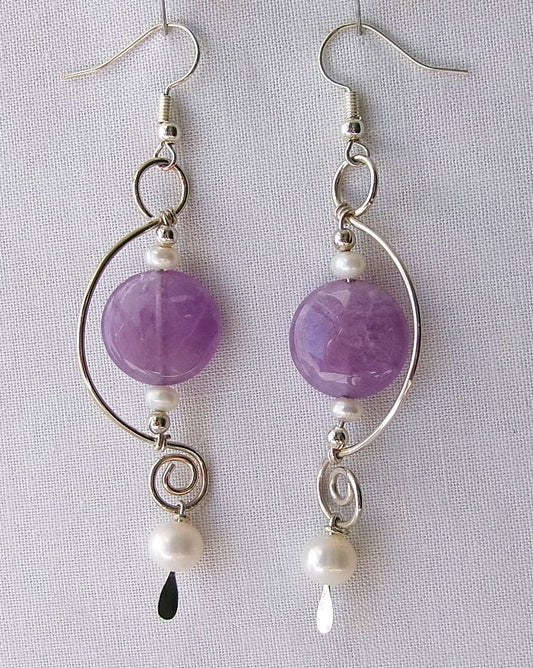 Amethyst silver filled wire earrings with white freshwater pearl and silver accent beads