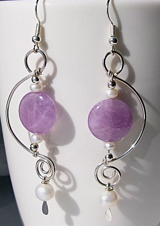 Amethyst silver filled wire earrings with white freshwater pearl and silver accent beads