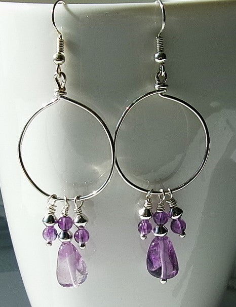 Amethyst silver filled wire earrings with silver accent beads