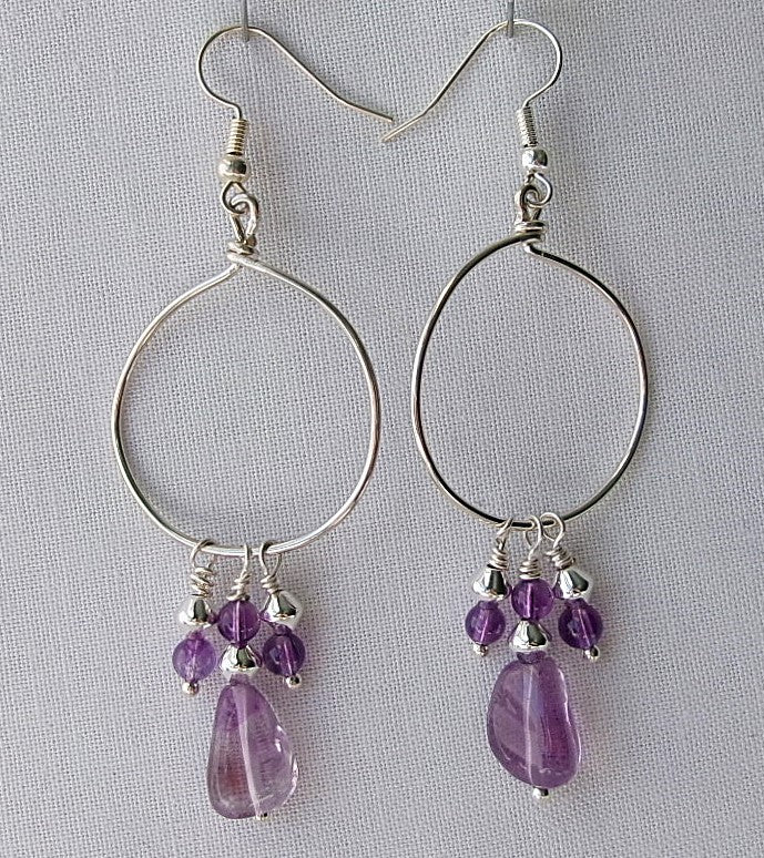 Amethyst silver filled wire earrings with silver accent beads