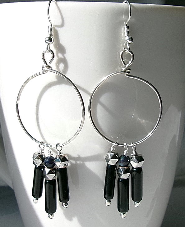 Black onyx silver filled wire earrings with black shell, and silver hexagonal accent beads