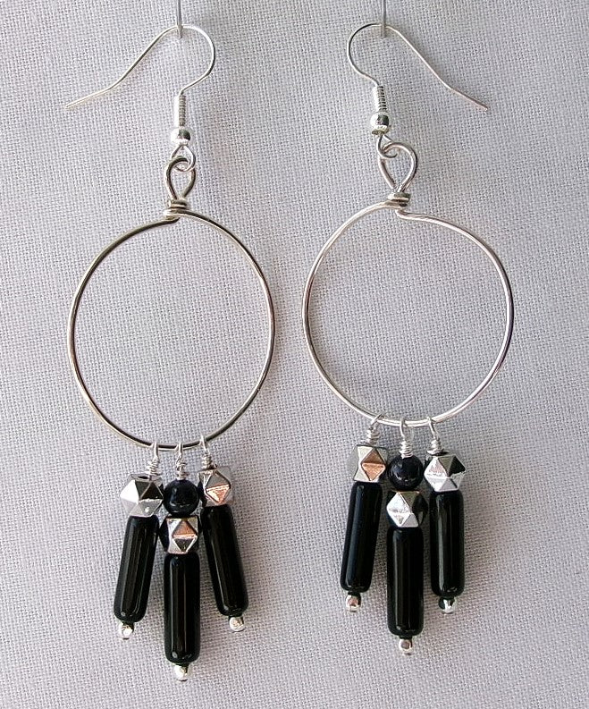 Black onyx silver filled wire earrings with black shell, and silver hexagonal accent beads