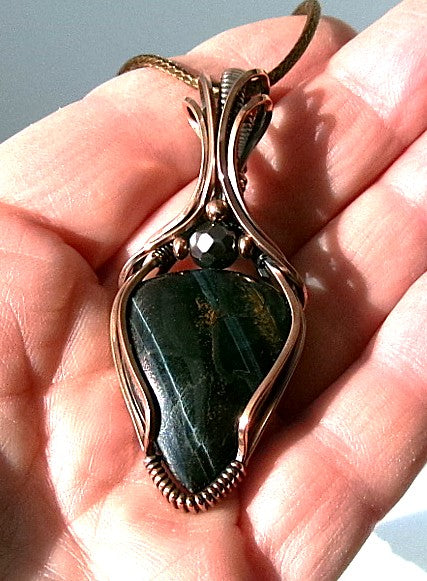 Black Tiger Eye gemstone copper wire wrapped crystal pendant with copper accent beads