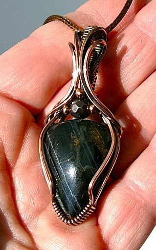Black Tiger Eye gemstone copper wire wrapped crystal pendant with copper accent beads