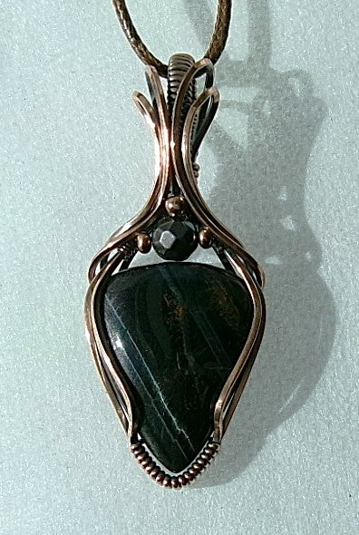 Black Tiger Eye gemstone copper wire wrapped crystal pendant with copper accent beads