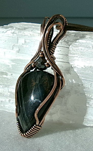 Black Tiger Eye gemstone copper wire wrapped crystal pendant with copper accent beads