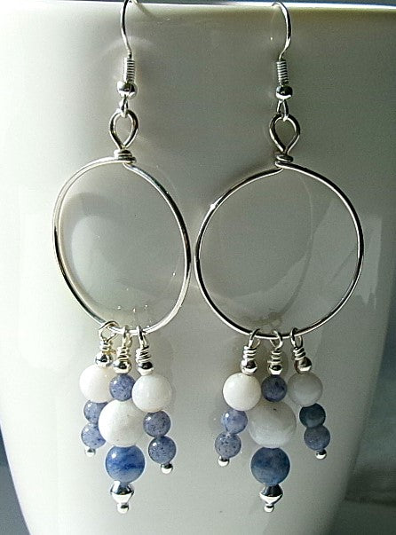 Blue aventurine and snow quartz silver filled wire earrings with silver accent beads