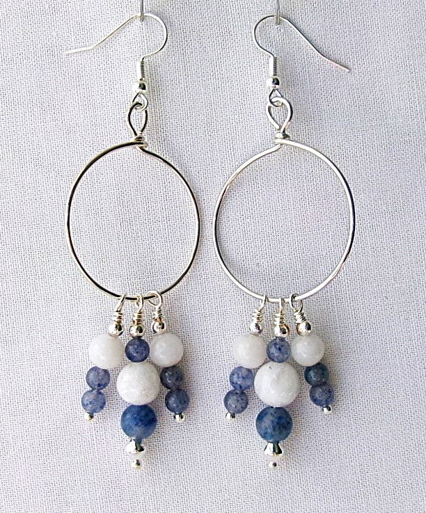 Blue aventurine and snow quartz silver filled wire earrings with silver accent beads