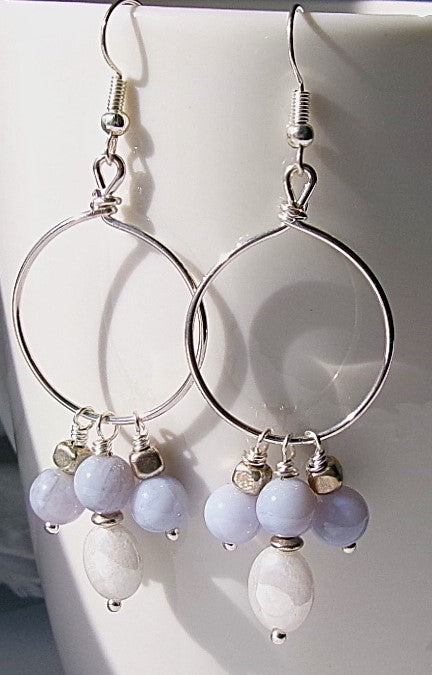 Blue lace agate and white shell silver filled wire earrings with silver accent beads