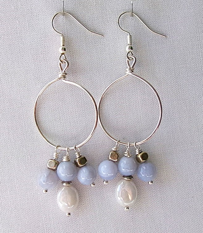 Blue lace agate and white shell silver filled wire earrings with silver accent beads