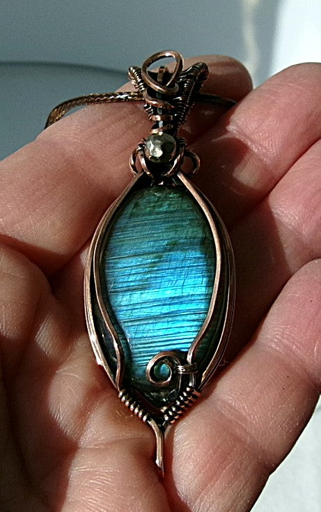 Labradorite gemstone copper wire wrapped crystal pendant with silver accent bead