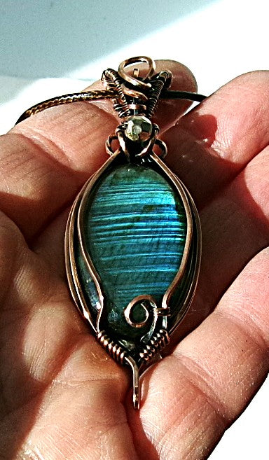 Labradorite gemstone copper wire wrapped crystal pendant with silver accent bead