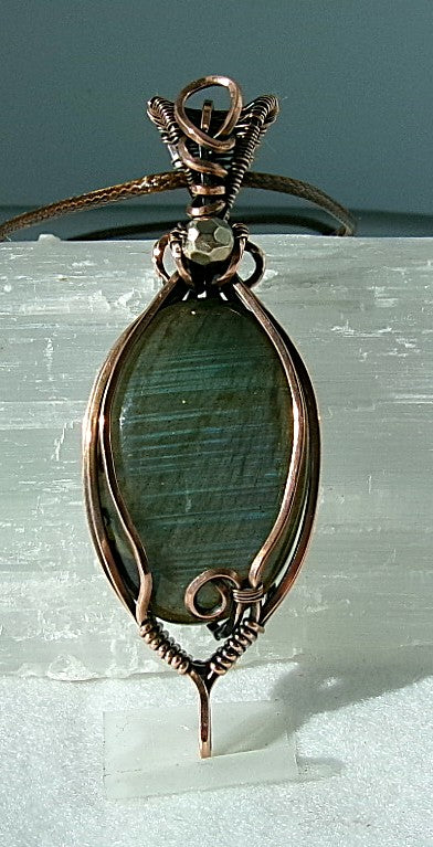 Labradorite gemstone copper wire wrapped crystal pendant with silver accent bead